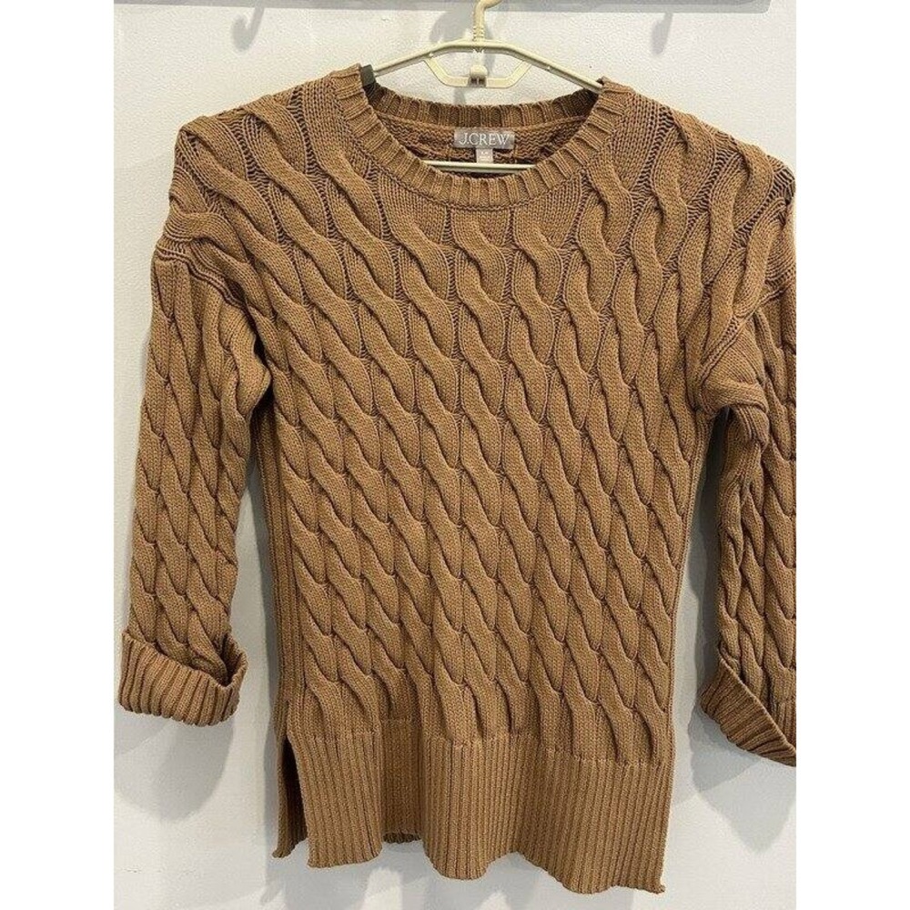 J Crew Womens Brown Cable Knit Pullover Sweater Roll Sleeve Cotton Blend S M